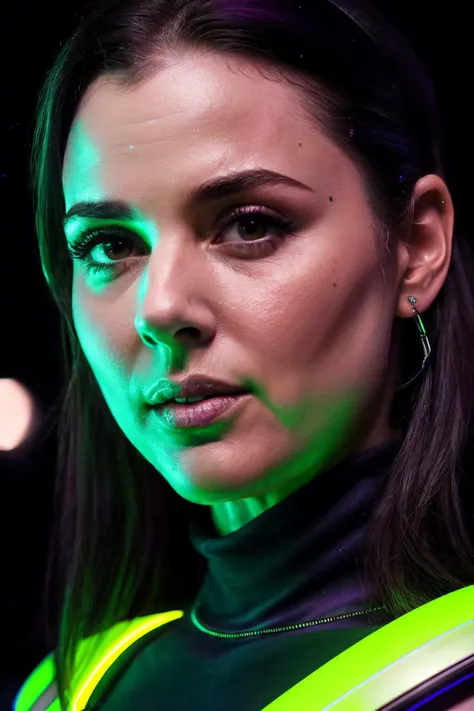 up close photo of caraBuo1 in cyber neon lighting, intricate futuristic jewelry accessories, cyberpunk glossy purple and lime green turtleneck, hyper photorealistic, crispy quality, digital photography, trending in artstation, trending in pinterest, cinematic, 4 k ultra hd, art by pascal blanche, art by greg rutkowski