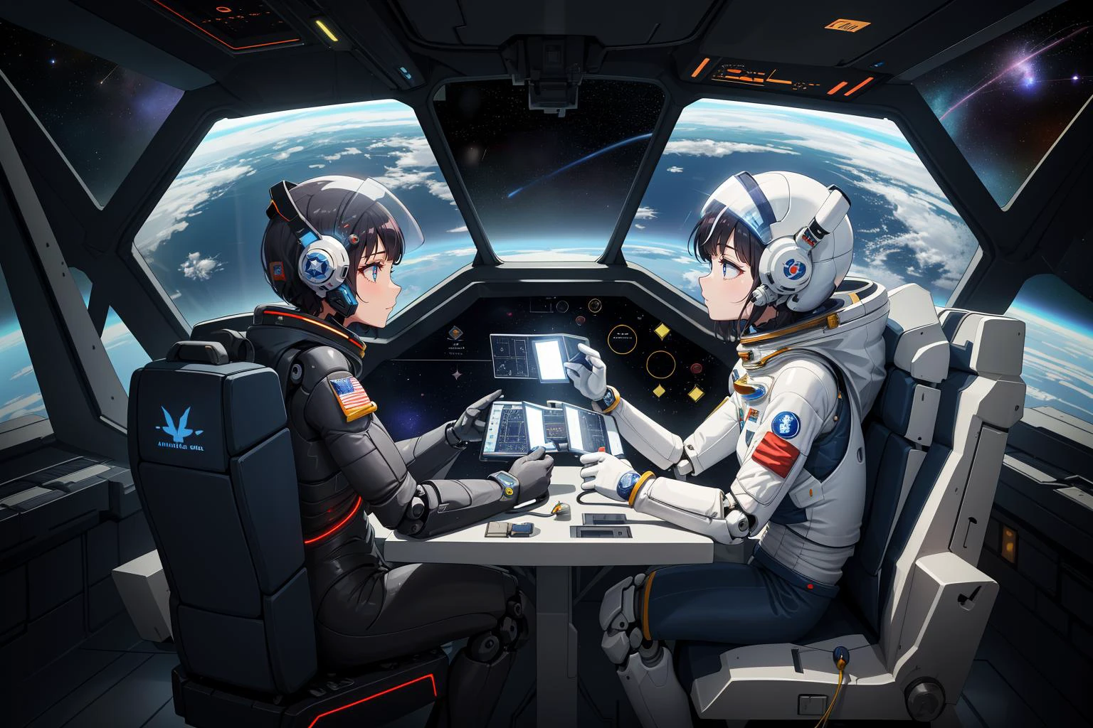 masterpiece, best quality, stunning face, symmetrical clear eyes, detailed eyes and face, detailed body, shiny skin, detailed skin, Flat design UI, high resolution, ultra detailed, cinematic quality, anime-inspired sci-fi scene, a highly skilled astronaut wearing a cutting-edge spacesuit integrated with mechanical manipulators, operating advanced holographic interfaces, manipulating digital data and spacecraft controls with precision and ease, neon-lit control panels reflecting on the polished helmet visor, in the background, a panoramic view of space with distant planets and stars, ambient lights casting soft shadows in the futuristic cockpit, surrounding the astronaut, robotic arms assisting in technical tasks, showing a seamless blend of human and machine in a high-tech space exploration setting
, simple color scheme, minimalistic icons, typography. . illustration, detailed eyes, perfect composition, intricate details