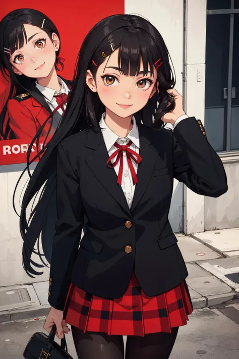 Painting by Shepard Fairey, 1girl, looking at viewer, smile, adjusting hair, black hair, very long hair, blunt bangs, hairclip, brown eyes, blazer, shirt, red ribbon, plaid skirt, black pantyhose . street art, political activism, iconic stencils, bold typography, high contrast, red, black, and white color palette
