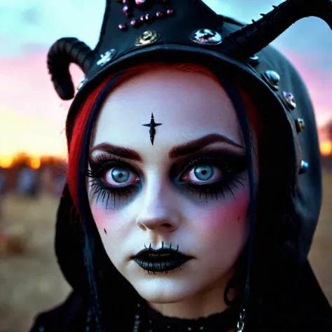 <lora:add-detail-xl:0.8> Very pretty Goth lady ,extremely high resolution, odd perfect eyes, scary hat, sinister smile, bag of toys, sharpen, photorealism, hdr, cinematic quality, cinematic lighting, voodoo, sinister, odd, hauntingly beautiful, 128k, with an x carved in the middle of his forehead with red liquid dripping out with hyper realistic faces, really pretty, 128k, cinematic quality, cinematic lighting, voodoo, sinister, diabolical, (Larry Carlson 1.3), behind at sunset, cinematic quality, cinematic lighting, voodoo, sinister,128k, hyper realistic, pastel colour palette,(mark ryden 1.3) <lora:bigeyes-xl-v1:0.8> big eyes, anime eyes <lora:Desert_Festival:0.8> <lora:Female_Djs_v1:0.8> Female Dj