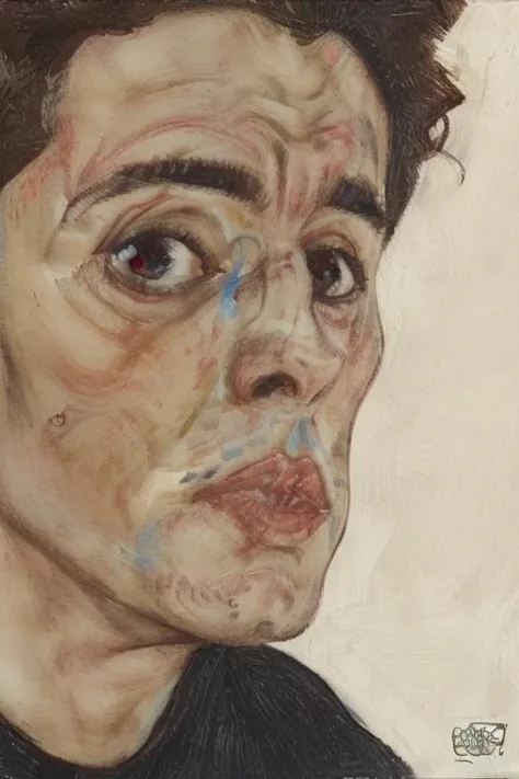 The left side of the face is smiling and the right side of the face is sad, closed eyes covered in blood, abstract.