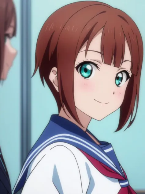 masterpiece, best quality, very aesthetic, absurdres,
kousaka yukiho, brown hair, blue eyes, short hair, <lora:yukiho-sdxl:0.9>,
 serafuku, white shirt, blue collar, blue skirt, red ribbon,
smiling, looking at viewer, from side