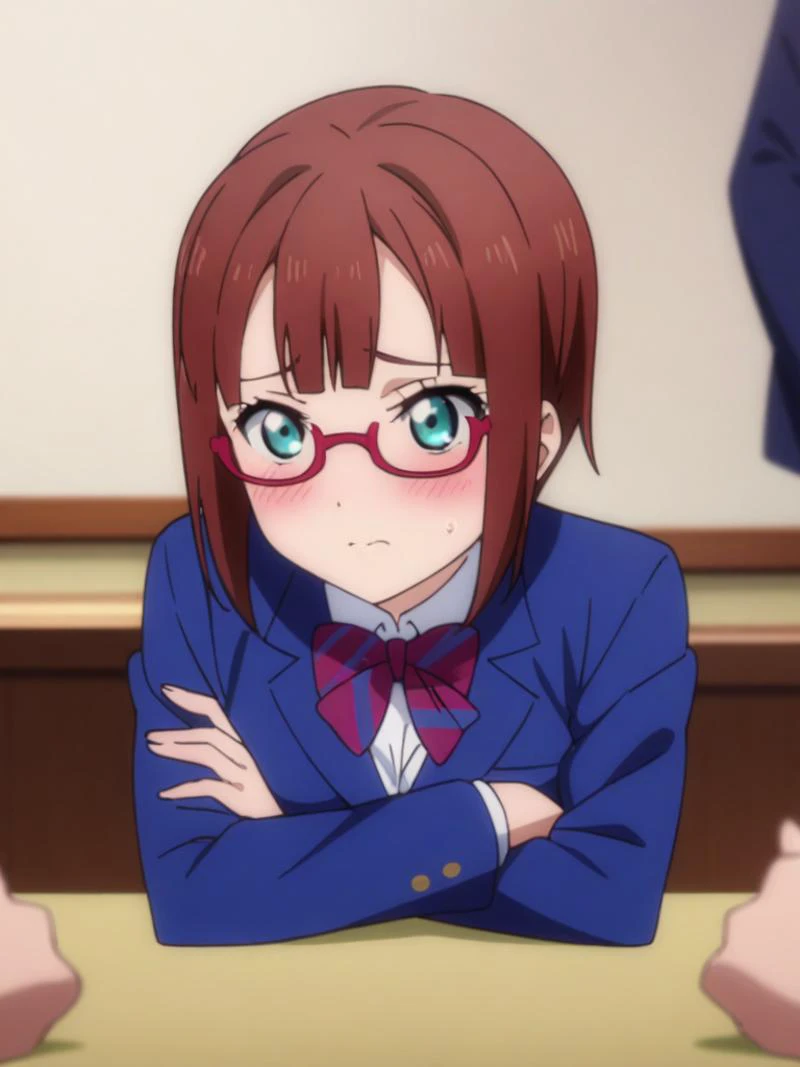 masterpiece, best quality, very aesthetic, absurdres,
kousaka yukiho, brown hair, blue eyes, short hair, <lora:yukiho-sdxl:0.9>,
otonokizaka school uniforn, blue jacket, white shirt, red ribbon,
glasses, red glasses, half rim glasses, arms crossed, shy, blush