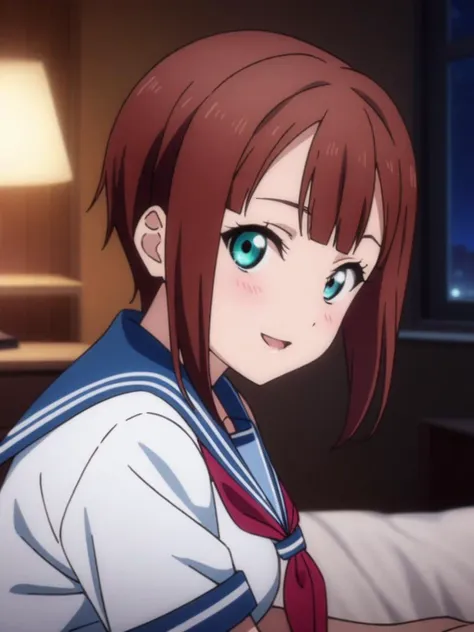 masterpiece, best quality, very aesthetic, absurdres,
kousaka yukiho, brown hair, blue eyes, short hair, <lora:yukiho-sdxl:0.9>,
 serafuku, white shirt, blue collar, blue skirt, red ribbon,
on bed, bedroom, dark, night, looking at viewer, happy, from side