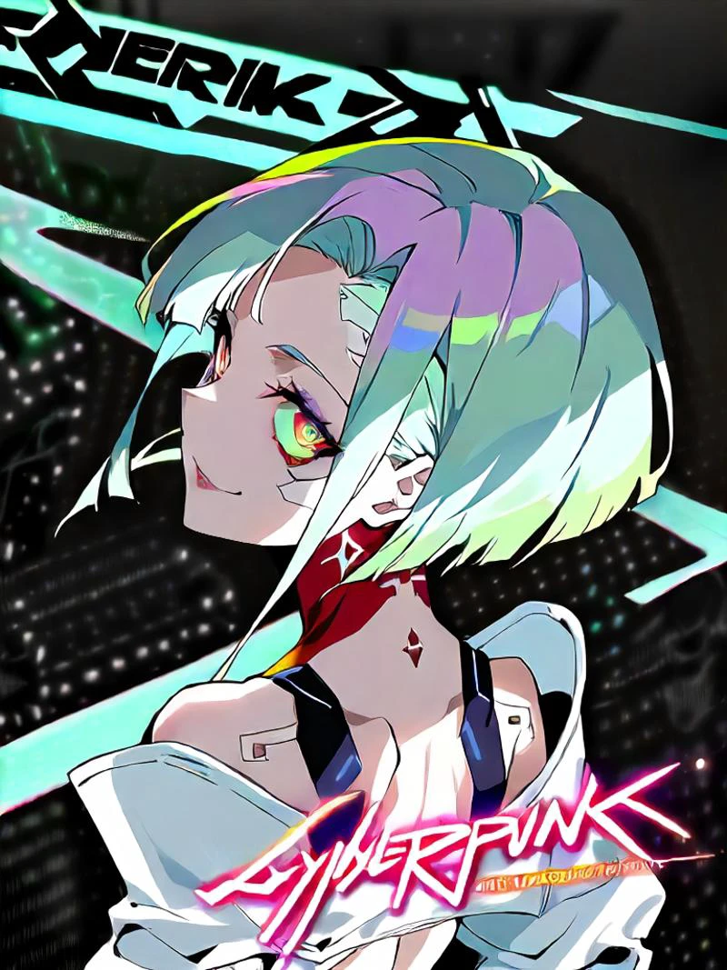 Stained glass style spray painting art synthwave style vivid color palette (amazing quality:1.2), ("Cyberpunk Edge Runners" in neon glowing letters:1.5), holographic light blue hair, extremely detailed eyes, shaded face, very light seductive smirk, blacklit, black background, no lighting, completely dark, only the neon glowing tracers give light to the darkest room, darkness, <lora:ponyxl_rhasta:0.75> , <lora:40hara_pony_v2:0.75> ,cd_projekt_red,medium_breasts,highres,looking_at_viewer,breasts,1girl,yoneyama_mai,trigger_\(company\),cyberpunk_2077,solo,cyberpunk_edgerunners,short_hair,cyberpunk_\(series\),copyright_name,official_art,back,lucy_\(cyberpunk\) . Vibrant, beautiful, translucent, intricate, detailed
