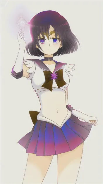 1girl, back_bow, bow, choker, cowboy_shot, hand_on_hip, short_hair, magical_girl, midriff, navel, pleated_skirt, purple_sailor_collar, purple_skirt, sailor_collar, sailor_senshi_uniform, skirt, solo,
<lora:hotaruTomoeSailorSaturn_v10:1> sailor Saturn