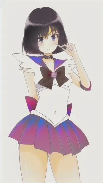 1girl, back_bow, bow, choker, cowboy_shot, hand_on_hip, short_hair, magical_girl, midriff, navel, pleated_skirt, purple_sailor_collar, purple_skirt, sailor_collar, sailor_senshi_uniform, skirt, solo,
<lora:hotaruTomoeSailorSaturn_v10:1> sailor Saturn