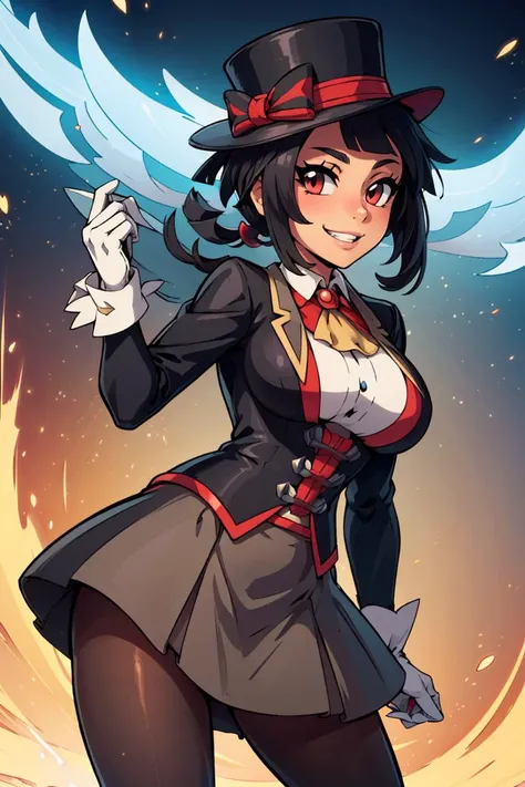 ((masterpiece,best quality)), big breasts, <lora:Zinnia_Pokemon:0.8>, zinnia (pokemon), ascot, blunt bangs, black skirt, eyelashes, gem, gloves, grin, hat, head tilt, jacket, looking at viewer, official alternate costume, pantyhose, pokemon masters ex, smile, top hat, zinnia (special costume) (pokemon)
