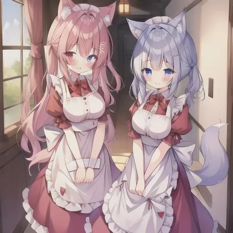 ((best quality)), ((masterpiece)), (Detailed) wolf girl and fox girl, blue maid dress and pink maid dresss, cuddle
