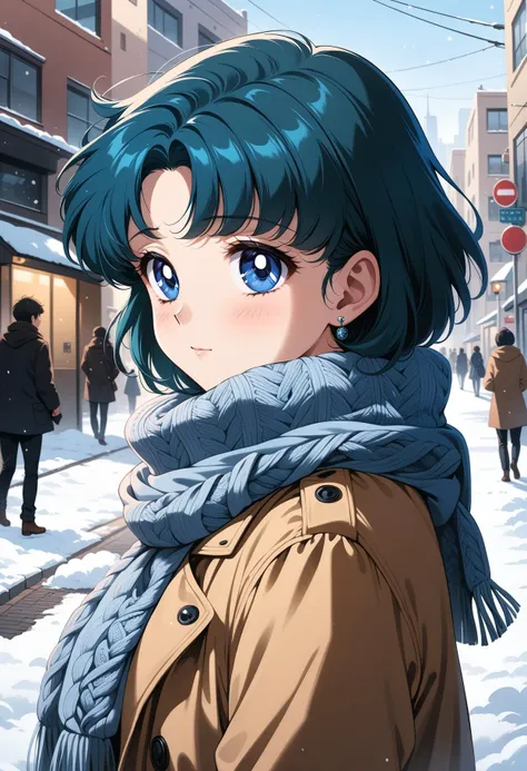 (masterpiece, best quality, very aesthetic, ultra detailed), intricate details, 4k, aamercury, short hair, blue hair, earrings, blue eyes, <lora:sailor_mercury_animaginexl_v1:0.9>, street, winter clothes, scarf, snow, outdoors