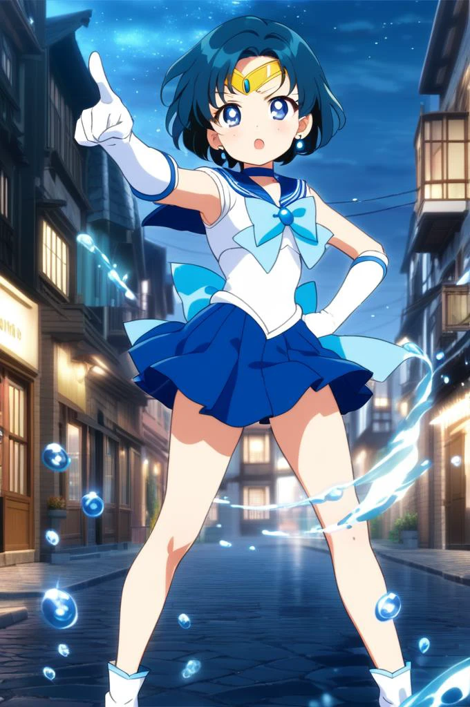 1girl,stylish pose,particle effect,petite,pointing at viewer,open mouth,outdoor,night,town,water splash,water drop,aamercury, short hair, blue hair, tiara, earrings, blue eyes, blue choker, blue sailor collar, blue bowtie, white shirt, white elbow gloves, blue pleated skirt, bare legs,masterpiece,best quality, anime screencap<lora:XDetail_light:1> <lora:sailor_mercury_animaginexl_v1:0.9>