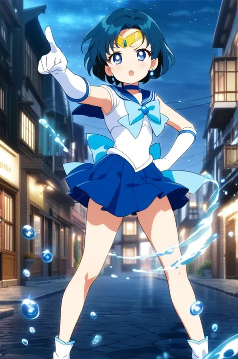 1girl,stylish pose,particle effect,petite,pointing at viewer,open mouth,outdoor,night,town,water splash,water drop,aamercury, short hair, blue hair, tiara, earrings, blue eyes, blue choker, blue sailor collar, blue bowtie, white shirt, white elbow gloves, blue pleated skirt, bare legs,masterpiece,best quality, anime screencap<lora:XDetail_light:1> <lora:sailor_mercury_animaginexl_v1:0.9>