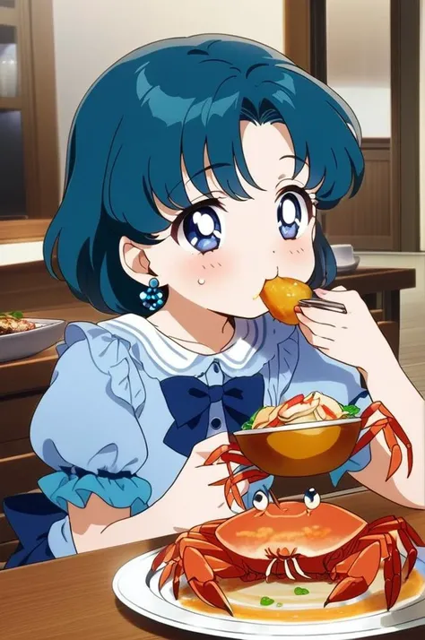 1girl,ite,indoor,table,foods on table,eating crab,crab dishes, All you can eat crab,hungry,glad,aamercury, short hair, blue hair, earrings, blue eyes, girlish outfit,masterpiece,best quality, anime screencap<lora:XDetail_light:1> <lora:sailor_mercury_animaginexl_v1:0.9>