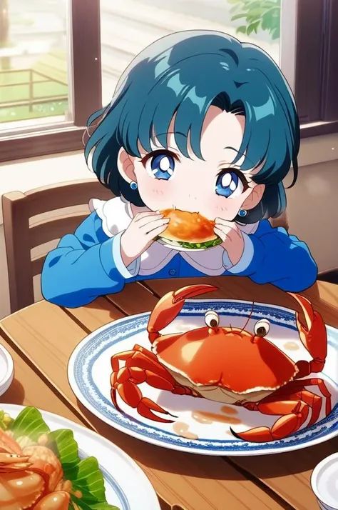 1girl,ite,indoor,table,foods on table,eating crab,crab dishes, All you can eat crab,hungry,glad,aamercury, short hair, blue hair, earrings, blue eyes, girlish outfit,masterpiece,best quality, anime screencap<lora:XDetail_light:1> <lora:sailor_mercury_animaginexl_v1:0.9>