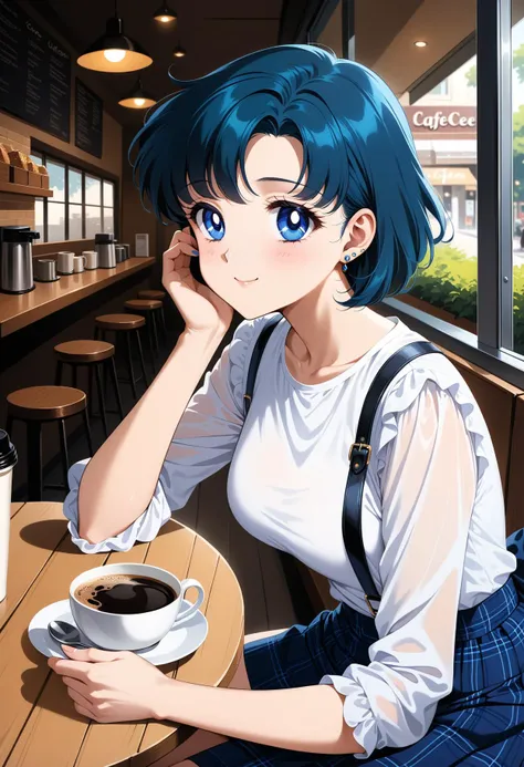 (masterpiece, best quality, very aesthetic, ultra detailed), intricate details, 4k, aamercury, short hair, blue hair, earrings, blue eyes, <lora:sailor_mercury_animaginexl_v1:0.9>, casual, miniskirt, suspender skirt, plaid skirt, sitting, cafe, table, coffee, cup, smile, hand on own face,