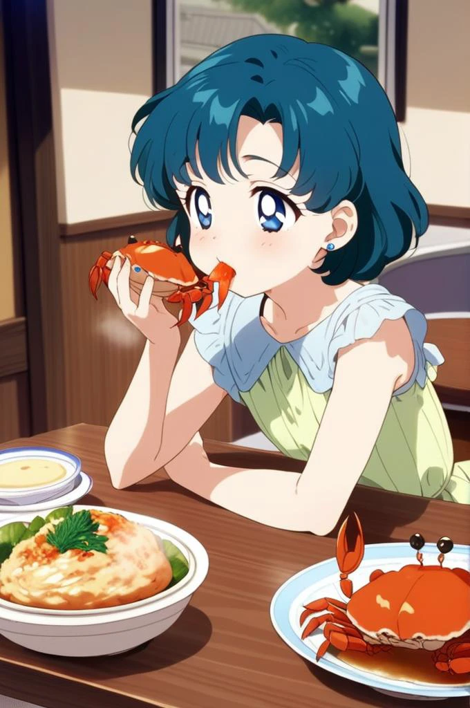 1girl,ite,indoor,table,foods on table,eating crab,crab dishes, All you can eat crab,hungry,glad,aamercury, short hair, blue hair, earrings, blue eyes, girlish outfit,masterpiece,best quality, anime screencap<lora:XDetail_light:1.5> <lora:sailor_mercury_animaginexl_v1:0.9>