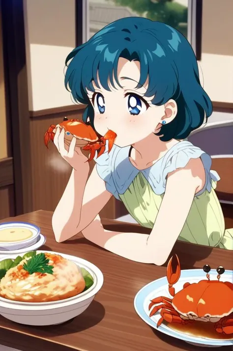 1girl,petite,indoor,table,foods on table,eating crab,crab dishes, All you can eat crab,hungry,glad,aamercury, short hair, blue hair, earrings, blue eyes, girlish outfit,masterpiece,best quality, anime screencap<lora:XDetail_light:1.5> <lora:sailor_mercury_animaginexl_v1:0.9>