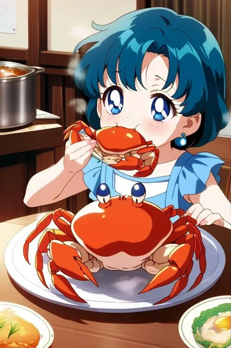 1girl,ite,indoor,table,many foods on table,eating crab,crab dishes, steam,All you can eat crab,hungry,glad,aamercury, short hair, blue hair, earrings, blue eyes, girlish outfit,masterpiece,best quality, anime screencap<lora:XDetail_light:1.5> <lora:sailor_mercury_animaginexl_v1:0.9>