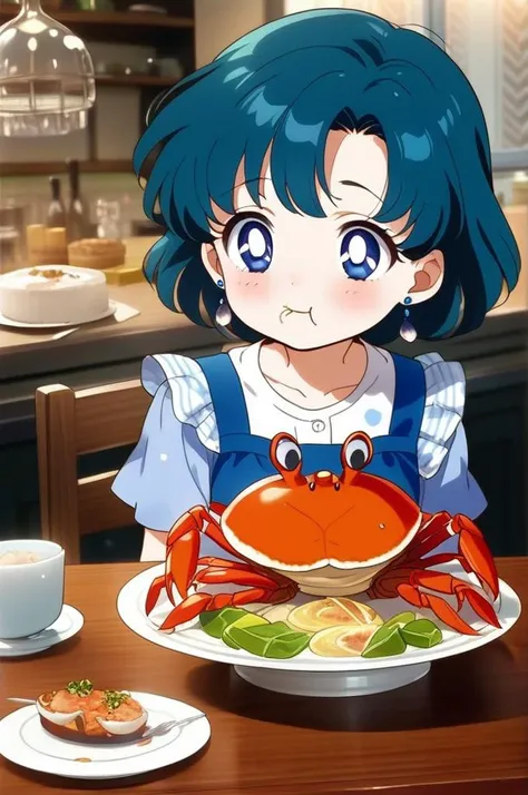 1girl,ite,indoor,table,foods on table,eating crab,crab dishes, All you can eat crab,hungry,glad,aamercury, short hair, blue hair, earrings, blue eyes, girlish outfit,masterpiece,best quality, anime screencap<lora:XDetail_light:1.5> <lora:sailor_mercury_animaginexl_v1:0.9>