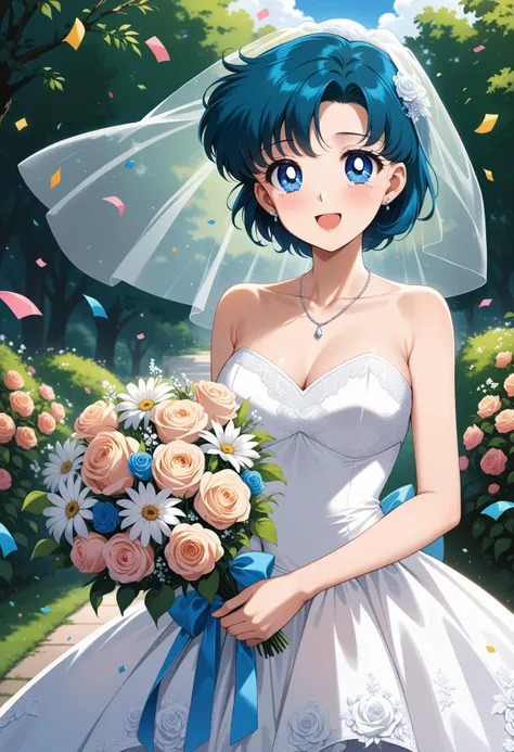 (masterpiece, best quality, very aesthetic, ultra detailed), intricate details, 4k, aamercury, short hair, blue hair, earrings, blue eyes, <lora:sailor_mercury_animaginexl_v1:0.9>, wedding dress, white dress, strapless, necklace, garden, confetti, smile, open mouth, tearing up, cowboy shot, standing, holding bouquet, bridal veil