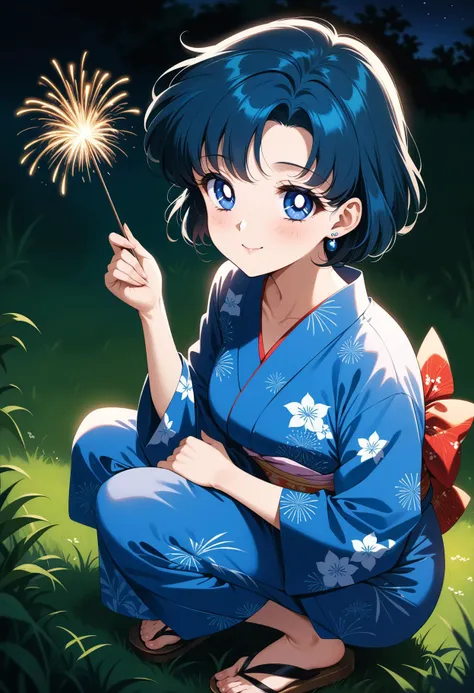 (masterpiece, best quality, very aesthetic, ultra detailed), intricate details, 4k, aamercury, short hair, blue hair, earrings, blue eyes, <lora:sailor_mercury_animaginexl_v1:0.9>, grass, smile, holding fireworks, night, yukata, kimono, smile, squatting, sandals,