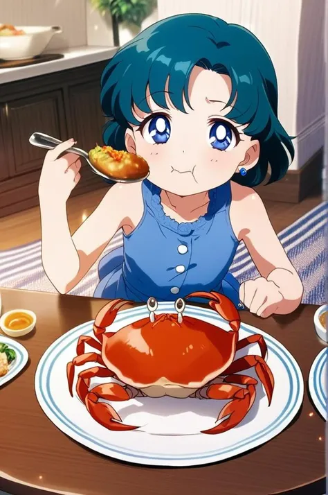 1girl,ite,indoor,table,foods on table,eating crab,crab dishes, All you can eat crab,hungry,glad,aamercury, short hair, blue hair, earrings, blue eyes, girlish outfit,masterpiece,best quality, anime screencap<lora:XDetail_light:1> <lora:sailor_mercury_animaginexl_v1:0.9>