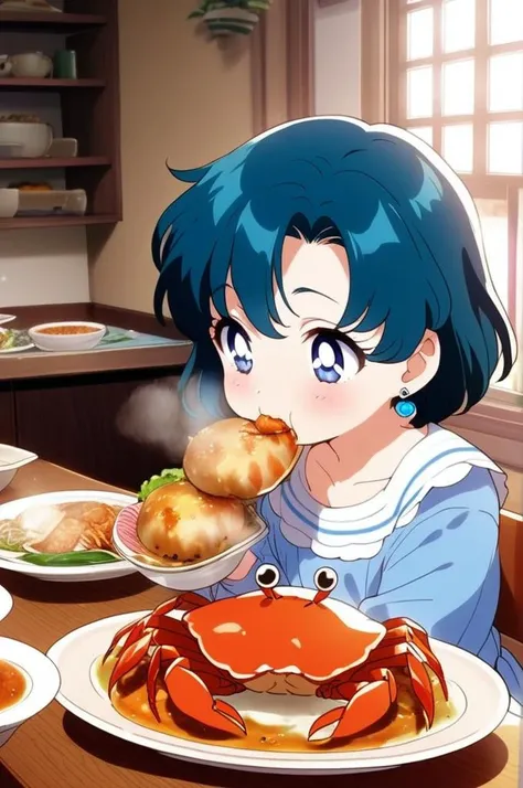 1girl,ite,indoor,table,many foods on table,eating crab,crab dishes, steam,All you can eat crab,hungry,glad,aamercury, short hair, blue hair, earrings, blue eyes, girlish outfit,masterpiece,best quality, anime screencap<lora:XDetail_light:1.5> <lora:sailor_mercury_animaginexl_v1:0.9>