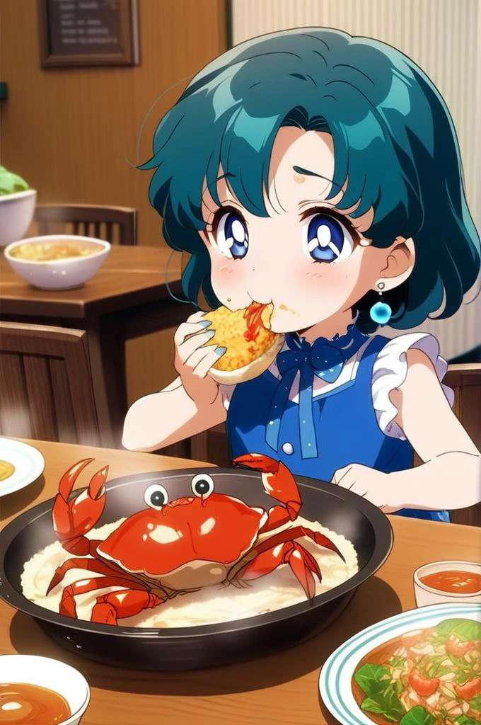 1girl,ite,indoor,table,many foods on table,eating crab,crab dishes, steam,All you can eat crab,hungry,glad,aamercury, short hair, blue hair, earrings, blue eyes, girlish outfit,masterpiece,best quality, anime screencap<lora:XDetail_light:1.5> <lora:sailor_mercury_animaginexl_v1:0.9>