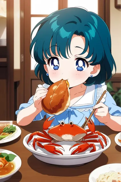 1girl,petite,indoor,table,foods on table,eating crab,crab dishes, All you can eat crab,hungry,glad,aamercury, short hair, blue hair, earrings, blue eyes, girlish outfit,masterpiece,best quality, anime screencap<lora:XDetail_light:1> <lora:sailor_mercury_animaginexl_v1:0.9>