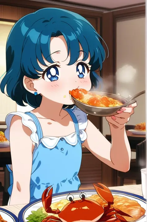 1girl,petite,indoor,table,many foods on table,eating crab,crab dishes, steam,All you can eat crab,hungry,glad,aamercury, short hair, blue hair, earrings, blue eyes, girlish outfit,masterpiece,best quality, anime screencap<lora:XDetail_light:1.5> <lora:sailor_mercury_animaginexl_v1:0.9>