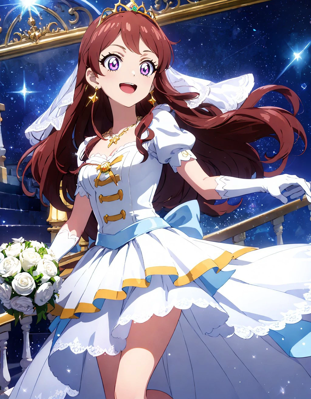 anime coloring, anime screencap,<lora:boldline:-0.5> colored eyelashes, , (aikatsu!,:1.1)bright pupils,
<lora:anmnr01AOM3A1:0.4>
(floating,:1.2)running,
outdoors, cute,(happy, smile,;d:1.1)
castle,stairs,embroidery,gorgeous,
dress, short sleeves, puffy sleeves
cinderella,,(princess:1.3),,lace trim, long skirt,white gloves, elbow gloves, virgin,(bridal:1.3) wedding dress, bridal veil, bouquet, necklace,
white dress,, , layered skirt,
<lora:Skirt_TailV2:0.3> (skirt_tail:1.5)
jewelry, earrings,
starry sky, light particles, magic,(glowing, transparent background,:1.3)
<lora:ran_shibuki:0.6> shibuki_ran,, long hair, brown hair ,purple eyes ,