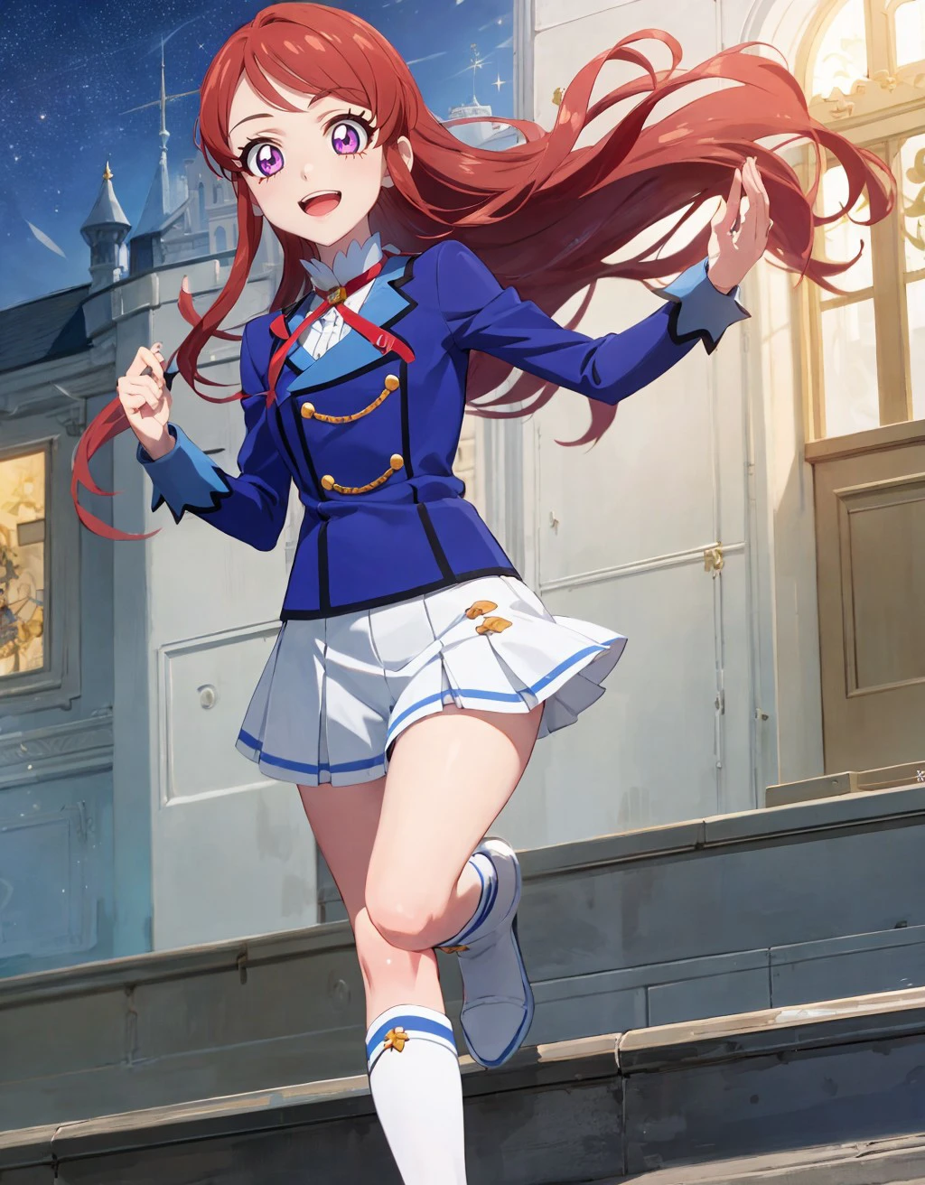 anime coloring, anime screencap,<lora:boldline:-0.5> colored eyelashes, , (aikatsu!,:1.1)bright pupils,
(floating,:1.2)running,
outdoors, cute,(happy, smile,;d:1.1)
castle,stairs,embroidery,gorgeous,
<lora:ran_shibuki:0.8> shibuki_ran,1girl, long hair, brown hair ,purple eyes , solo, school uniform , starlight academy school uniform , blue jacket , red hair , pleated skirt , white skirt ,long sleeves ,red ribbon , very long hair , miniskirt , neck ribbon , knee boots , white footwear ,white shirt,