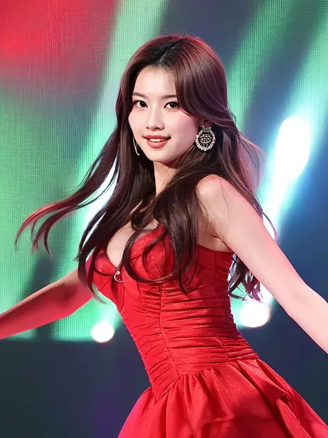 (RAW photo,best quality, realistic,photo-realistic:1.4), extremely detailed,8k wallpaper, Amazing,ultra-detailed,highres, (Beautiful K-POP women captivating fans with their smiles and slim, toned bodies, believe in light and shadow realistically: 1.2), 1girl, wet, long hair, brown hair, dress, medium breast, jewelry, brown eyes, standing, earrings, sleeveless, Appears to be wearing a flame dress, lips, kooo123, <lora:SANA_001:0.8>