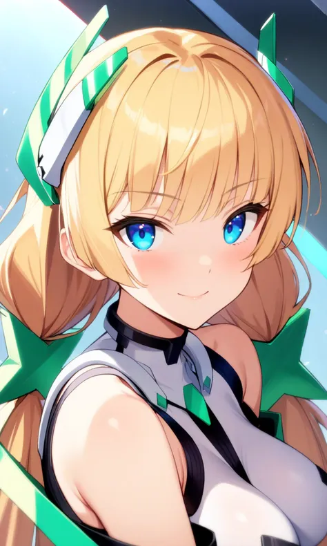 1girl, angelabalzac, blonde hair, blue eyes, deva battle suit, elbow gloves, headgear, long hair, looking at viewer, low twintails, smile, solo, twintails, very long hair, 
looking at viewer, 
portrait, (close-up:1.1), 
masterpiece, best quality, very aesthetic, absurdres, 
<lora:AngelaBalzac_XL:1>