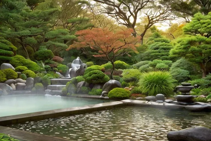 Unparalleled masterpiece, (photorealistic:1.4), best quality, beautiful lighting, japanese zen garden, (hot spring), (extremely detailed 8k wallpaper), full shot landscape photo of the most beautiful artwork in the world, cloudy sky background lush landscape house and trees illustration concept art, hdr.