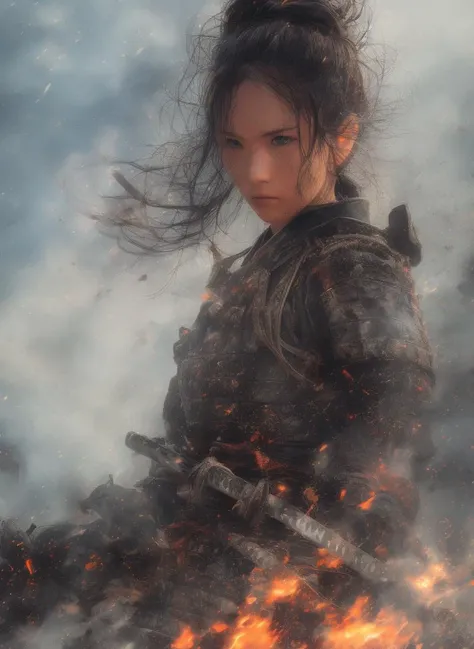 photorealistic, Picture from the right front, full body, <lora:japanese_girl_v1.1:1> <lora:Samurai_20240302035502:1> <lora:katana-2:1>Samurai, slim, Fit, Woman, dirty armor, detailed armor, black armor, battle damage, dirty face, Combat pose, Blue eyes,looking away from camera, highly detailed, pov, HD image, Sharp Details, high res image, masterpiece, Revealing Shoulders, revealing neck, <lora:female samurai style v2:1> Burning buildning, sparks from fire, dark smoke, dust, wind,