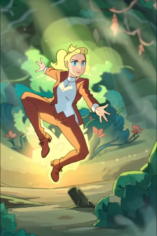 close up of a woman with blonde hair, pony tail, blue eyes, wearing a red jacket, warm lighting, forest in the background