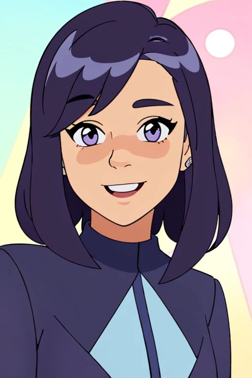 portrait of aubreyplazav2-300, detailed purple eyes, smiling, wearing a purple suit, standing near a library