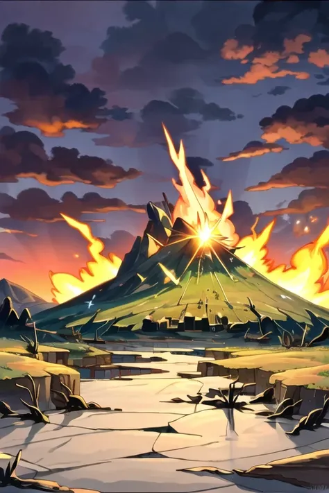 a mountain with fire burning, cracked ground surface, dark, cloudly sky