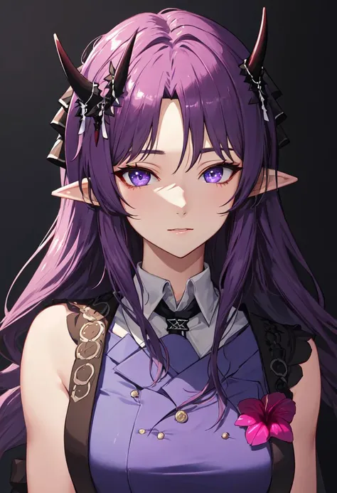 {{masterpiece}}, The best quality of life, 超High resolution, Attention to detail, high quality, High resolution, 最high quality, 4K, 8k,Attention to detail,((Dark purple straight hair))) 、One person, 1 female、,((Perfect yellow-green eyes、Exquisite makeup)) ,((White background))、(((Black and purple dress))、Expressionless、Cowboy Shot、Watching Me