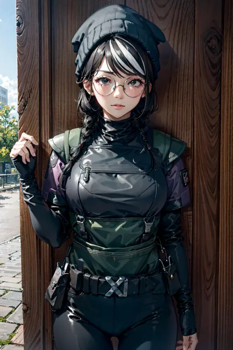 masterpiece, high quality cg, anime, illustration, best quality, 1girl, bound, bondage, beautiful face, detailed face, cowboy shot, dokkaebi, 1girl, solo, looking at viewer, black hair, braid, glasses, black gloves, belt, pants, black eyes, twin braids, streaked hair, black headwear, bodysuit, black pants, round eyewear, black bodysuit, beanie, hair behind ear, <lora:Dokkaebi:0.9>