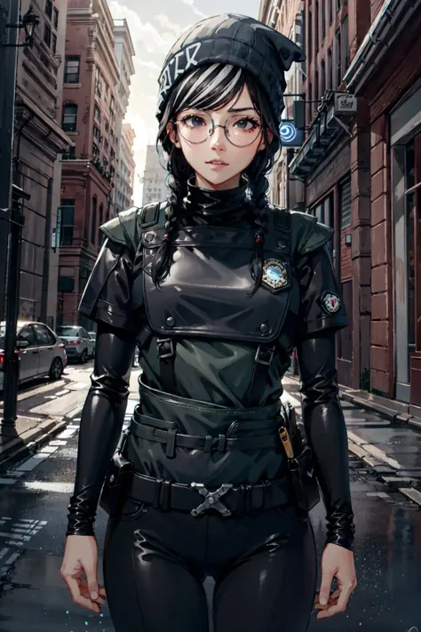 masterpiece, high quality cg, anime, illustration, best quality, 1girl, bound, bondage, beautiful face, detailed face, cowboy shot, dokkaebi, 1girl, solo, looking at viewer, black hair, braid, glasses, black gloves, belt, pants, black eyes, twin braids, streaked hair, black headwear, bodysuit, black pants, round eyewear, black bodysuit, beanie, hair behind ear, <lora:Dokkaebi:0.9>
