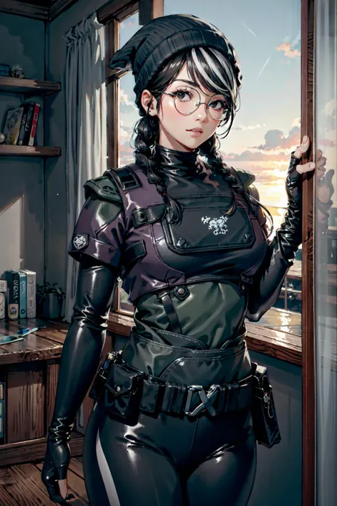 masterpiece, high quality cg, anime, illustration, best quality, 1girl, bound, bondage, beautiful face, detailed face, cowboy shot, dokkaebi, 1girl, solo, looking at viewer,  black hair, braid, glasses, black gloves, belt, pants, black eyes, twin braids, streaked hair, black headwear, bodysuit, black pants, round eyewear, black bodysuit, beanie, hair behind ear, <lora:Dokkaebi:0.9>