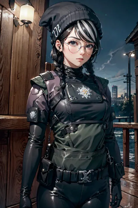 masterpiece, high quality cg, anime, illustration, best quality, 1girl, bound, bondage, beautiful face, detailed face, cowboy shot, dokkaebi, 1girl, solo, looking at viewer, black hair, braid, glasses, black gloves, belt, pants, black eyes, twin braids, streaked hair, black headwear, bodysuit, black pants, round eyewear, black bodysuit, beanie, hair behind ear, <lora:Dokkaebi:0.9>