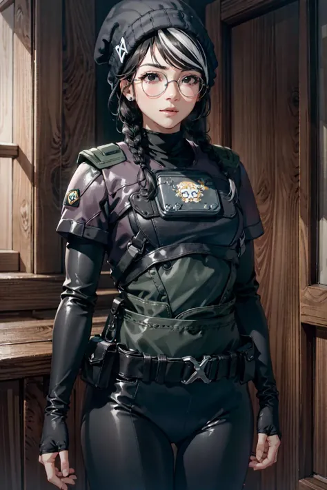masterpiece, high quality cg, anime, illustration, best quality, 1girl, bound, bondage, beautiful face, detailed face, cowboy shot, dokkaebi, 1girl, solo, looking at viewer, black hair, braid, glasses, black gloves, belt, pants, black eyes, twin braids, streaked hair, black headwear, bodysuit, black pants, round eyewear, black bodysuit, beanie, hair behind ear, <lora:Dokkaebi:0.9>