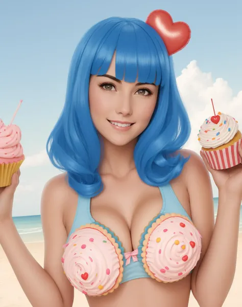 4K, Masterpiece, highres, absurdres,natural volumetric lighting and best shadows, dark hair,smiling,cupcake_bra,
cupcake_bra, a woman with a blue wig,minishorts,wearing a cupcake_bra, hearts, cakes
<lora:EDG_cupcake_bra:0.7>