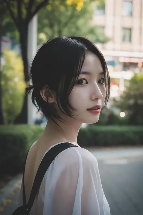 1girl,blurry,blurry foreground,blurry background,lips,looking at viewer,outdoors,photo \(medium\),realistic,short hair,solo,upper body,depth of field,<lora:kunbang:0.7>,