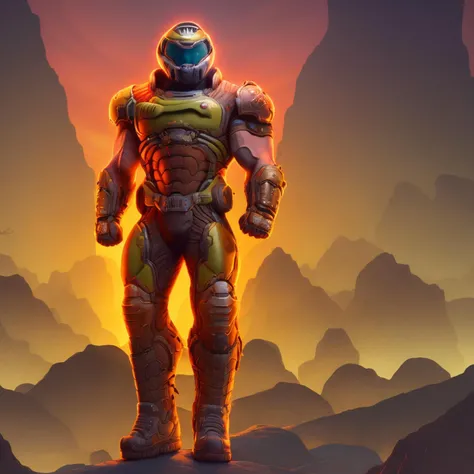 best quality, highres, absurdres, accurate, valley, sunlight, clenched fists, solo, full body, standing, 1boy, armor, boots, helmet, muscular, slayer, <lora:doomslayer2:1>