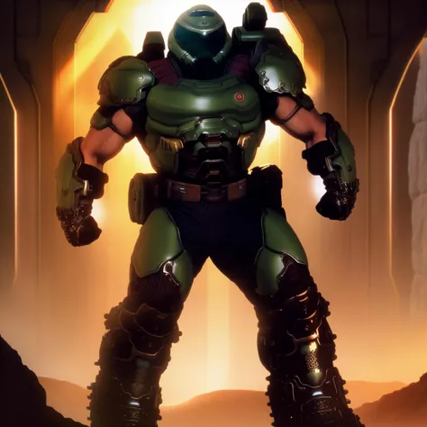 realistic, highly detailed, intricate details, detailed background, depth of field, 1boy, male focus, man wearing doom slayer armor, gameplay mechanics, game assets, doom \(series\), destroyed facility background, (sweaty:1.2), (shiny oily skin), (steaming body), dynamic pose, dynamic angle, Highly detailed cinematic film still, (volumetric lighting, film grain, subsurface scattering), dramatic lighting, (majestic, harmonious), vignette, cinemascope, epic, vibrant details, grainy, surreal, creative, motion blur, (huge penis, oversized penis, hyper penis:1.4), male pubic hair, testicles, (large pectorals:1.4), (puffy nipples:1.4)