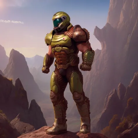 best quality, highres, absurdres, full body, accurate, solo, standing, valley, sunlight, 1boy, armor, clenched fists, boots, helmet, muscular, slayer, <lora:doomslayer2:1>